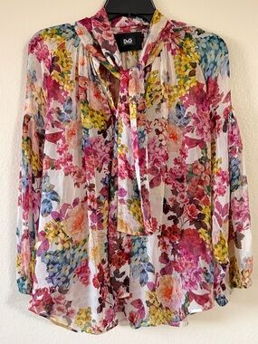 D&G Floral Sheer Tie-Neck Blouse in White, Pink, Yellow & Blue silk